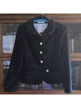 HELEN WANG Vintage Black Velvet Rhinestone Button Cropped Blazer